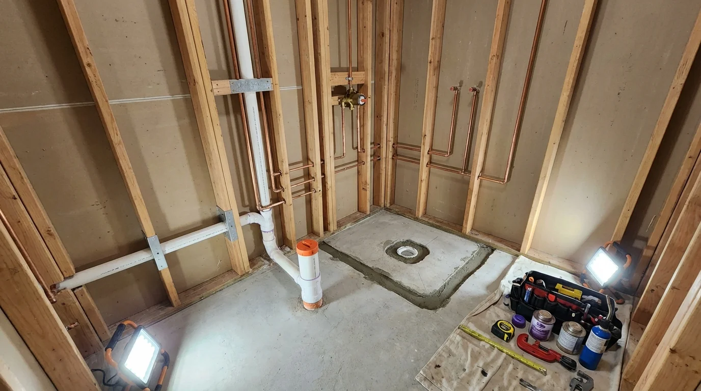 Bathroom rough-in plumbing during remodel by Johns Plumbing LLC in Dacono