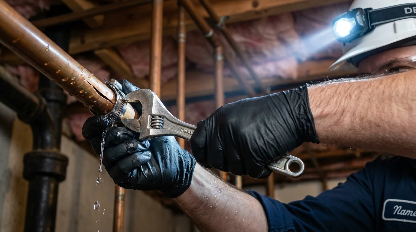 Emergency pipe clamp repair being performed by a Johns Plumbing LLC plumber in Dacono