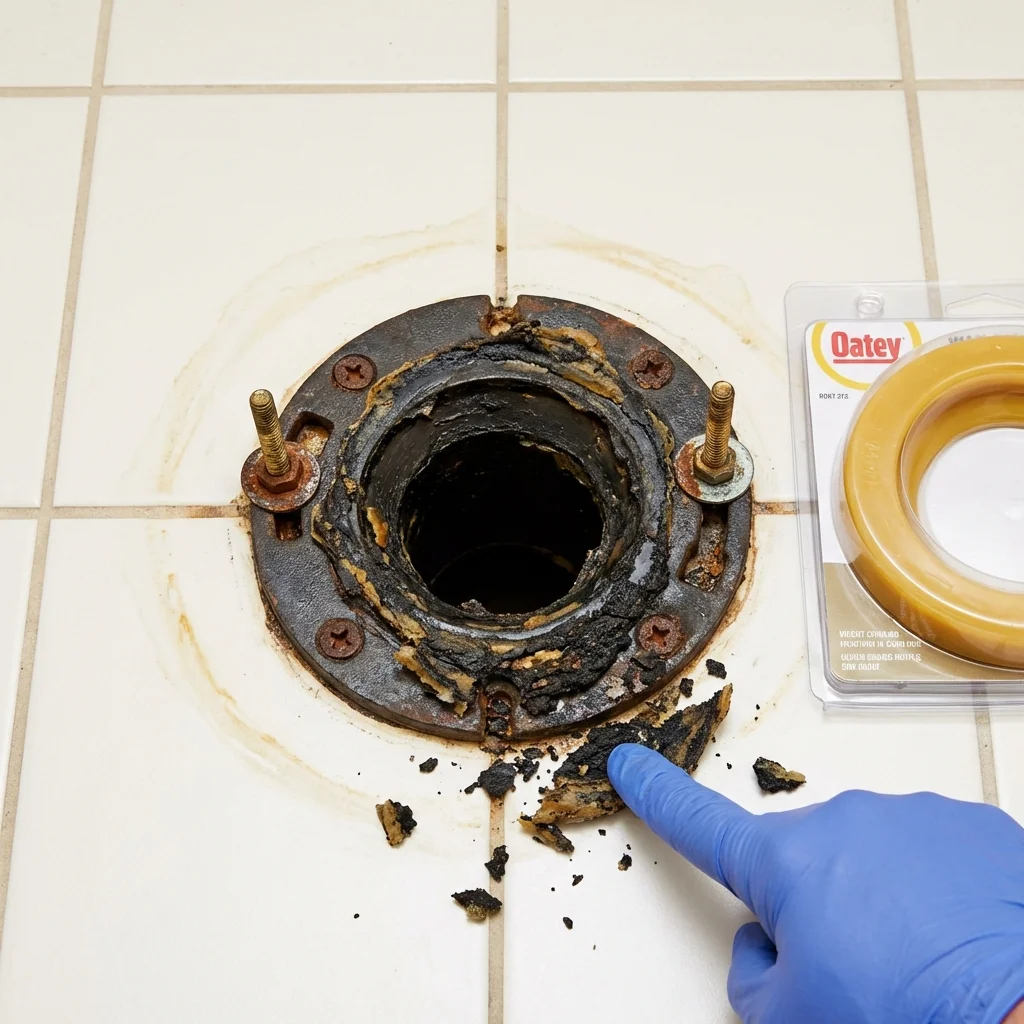 Failed wax ring showing water seepage at the base of a toilet in a Dacono, CO home