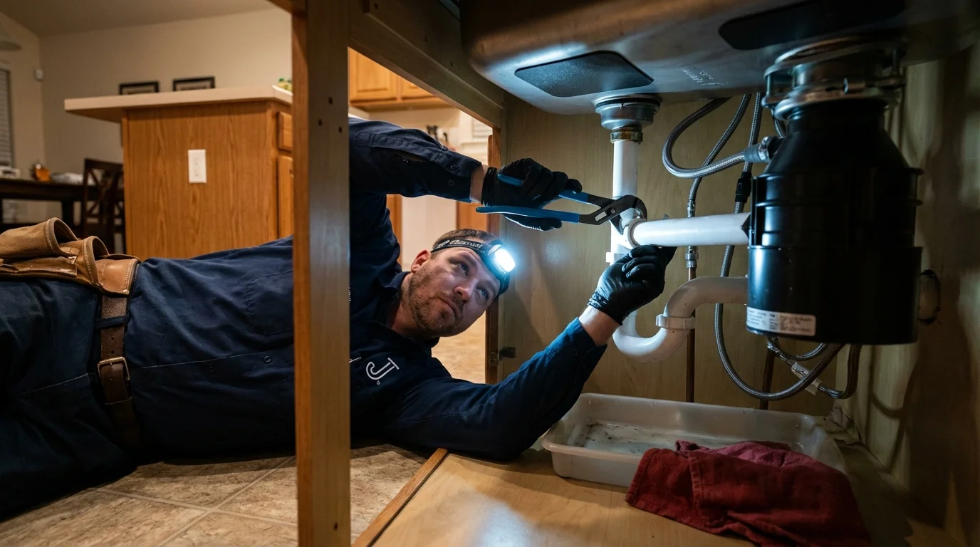 P-trap and supply line connections under a kitchen sink showing a common leak point in Dacono, CO